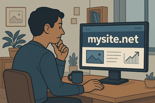 A person pondering if his website www.mysite.net is designed well.